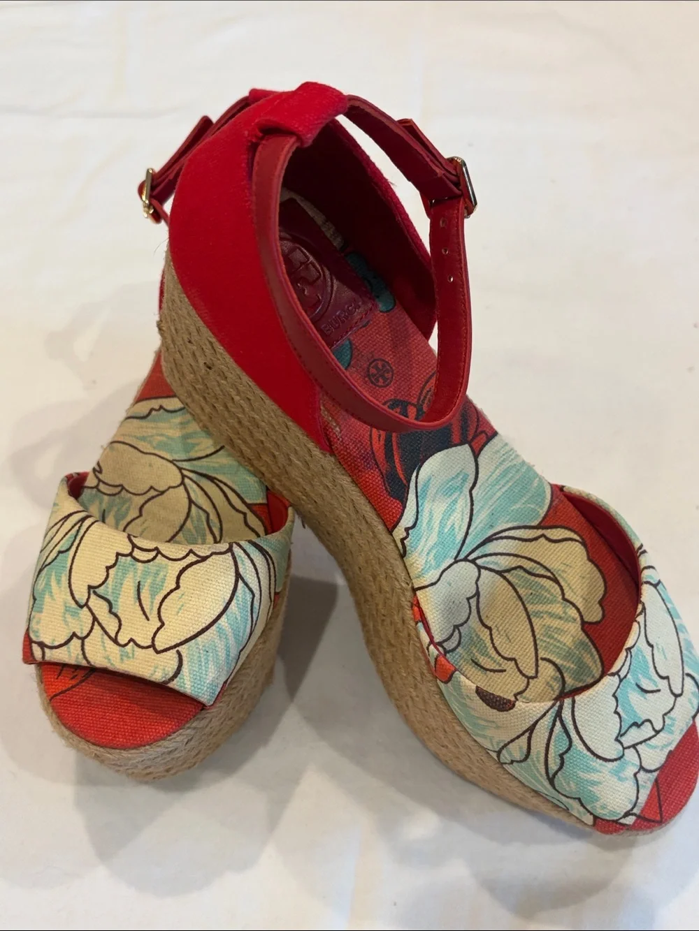 Tory Burch Red Floral Espadrille Wedge Sandals - Women Sz 8.5